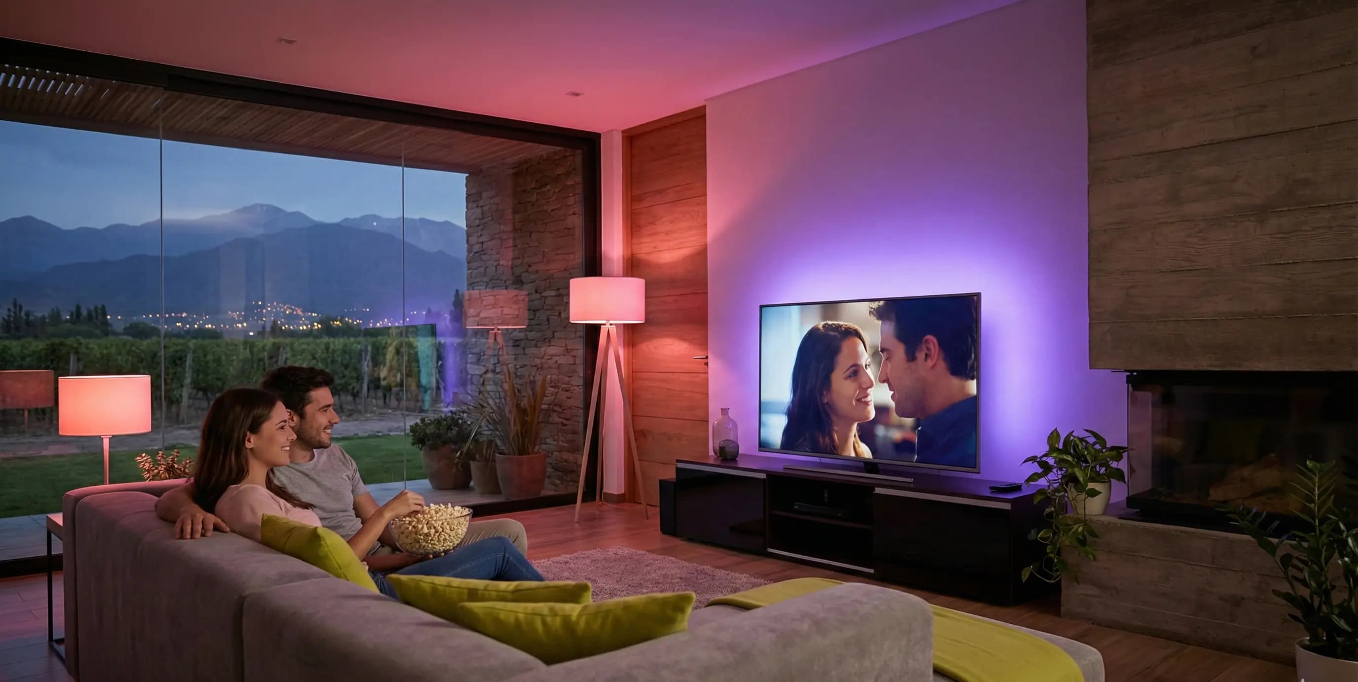 Pareja mirando television en un living con vista a la montaña