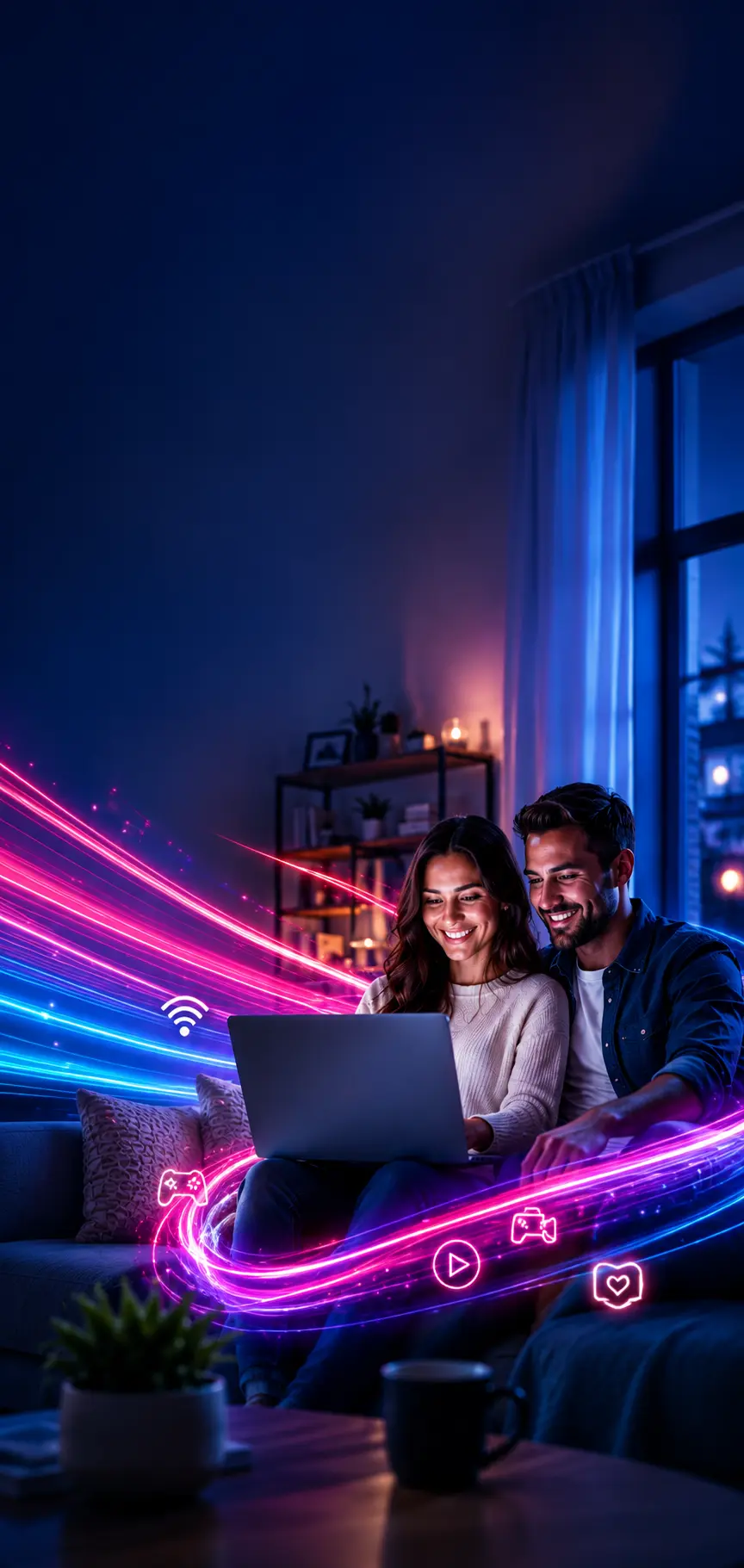 Pareja disfrutando de internet de fibra optica de Westnet en su hogar